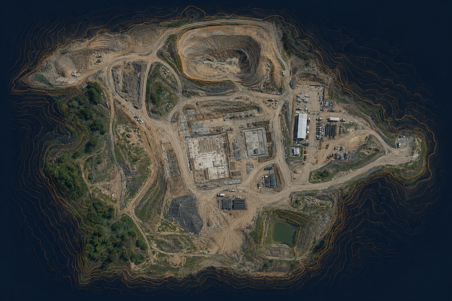 Aerial topographic orthomosaic with contour mapping over an industrial site